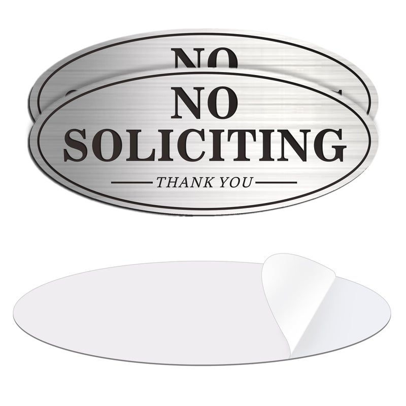 MongFun House Door No Soliciting Sign Metal, 2 Pack Silver Color 7.0 x 3.0 inches, Self-Adhesive Modern Design Aluminum Signs for Office Home Business Company, Waterproof and Weather Resistant - Image 1
